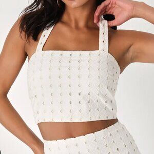 NWT SET LULUS baja beauty ivory eyelet embroidery cropped halter/midi skirt set